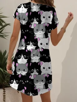 Online Women's Mini Dress Casual Dress T Shirt Dress Tee Dress A Line Dress Summer Dress Vacation Casual Holiday Regular Fit Graphic Animal Cat Short Sleeve Crew Neck V Neck Black And White Yellow Pink Blue Women T Shirt Dresses