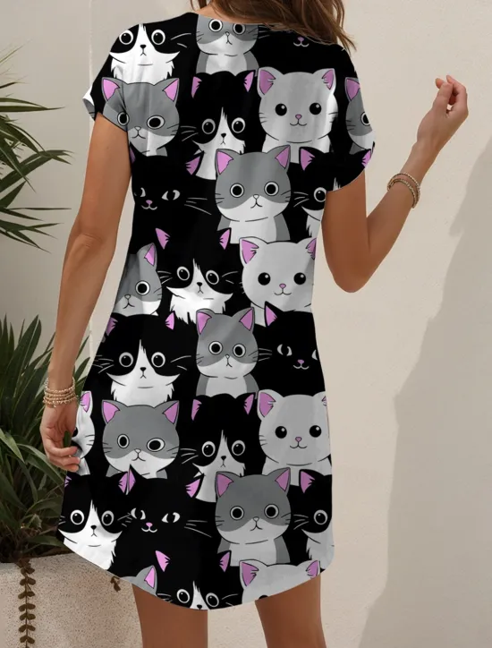 Online Women's Mini Dress Casual Dress T Shirt Dress Tee Dress A Line Dress Summer Dress Vacation Casual Holiday Regular Fit Graphic Animal Cat Short Sleeve Crew Neck V Neck Black And White Yellow Pink Blue Women T Shirt Dresses