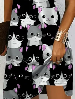 Online Women's Mini Dress Casual Dress T Shirt Dress Tee Dress A Line Dress Summer Dress Vacation Casual Holiday Regular Fit Graphic Animal Cat Short Sleeve Crew Neck V Neck Black And White Yellow Pink Blue Women T Shirt Dresses