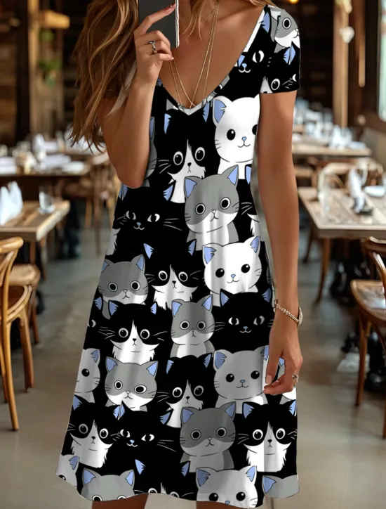 Online Women's Mini Dress Casual Dress T Shirt Dress Tee Dress A Line Dress Summer Dress Vacation Casual Holiday Regular Fit Graphic Animal Cat Short Sleeve Crew Neck V Neck Black And White Yellow Pink Blue Women T Shirt Dresses