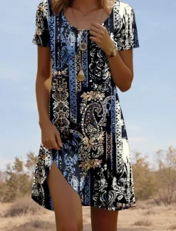 New Women's Mini Dress Casual Dress Vintage Casual Daily Regular Fit Geometric Color Block Short Sleeve Crew Neck Summer Women T Shirt Dresses