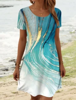Hot Women's Mini Dress Casual Dress Casual Daily Regular Fit Marble Short Sleeve Crew Neck Summer Women T Shirt Dresses