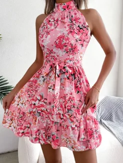 Clearance Women's Mini Dress Casual Dress A Line Dress Stylish Casual Vacation Daily Regular Fit Floral Sleeveless Halter Neck Pink Blue Spring Fall Women Spring Dresses