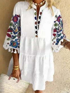 Women's Mini Dress Casual Dress Floral Dress Summer Dress Fashion Modern Daily Beach Weekend Regular Fit Floral 3/4 Length Sleeve V Neck Black White Yellow Red Summer Women Floral Dresses|Vacation Dresses