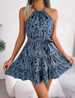 Clearance Women's Mini Dress Casual Dress Swing Dress Summer Dress Streetwear Vacation Holiday Beach Regular Fit Tie Dye Sleeveless Halter Neck White Blue Khaki Summer Women Floral Dresses
