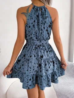 Clearance Women's Mini Dress Casual Dress Swing Dress Summer Dress Streetwear Vacation Holiday Beach Regular Fit Tie Dye Sleeveless Halter Neck White Blue Khaki Summer Women Floral Dresses