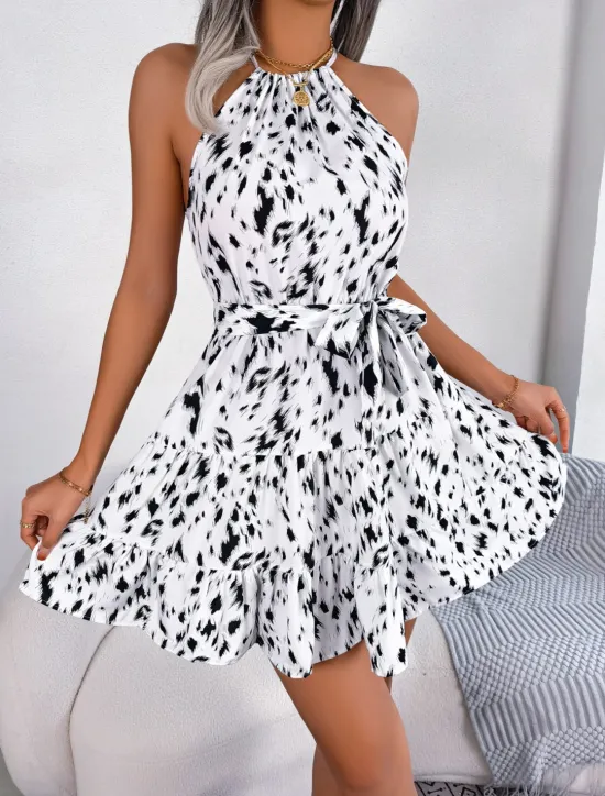 Clearance Women's Mini Dress Casual Dress Swing Dress Summer Dress Streetwear Vacation Holiday Beach Regular Fit Tie Dye Sleeveless Halter Neck White Blue Khaki Summer Women Floral Dresses