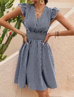 Online Women's Mini Dress Casual Dress A Line Dress Stylish Casual Vacation Casual Daily Regular Fit Stripe Short Sleeve V Neck Black Sky Blue Summer Women Work Dresses