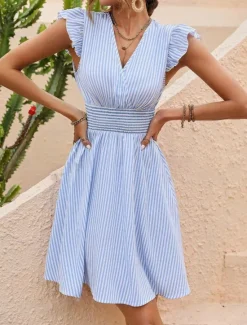Online Women's Mini Dress Casual Dress A Line Dress Stylish Casual Vacation Casual Daily Regular Fit Stripe Short Sleeve V Neck Black Sky Blue Summer Women Work Dresses