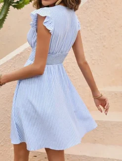 Online Women's Mini Dress Casual Dress A Line Dress Stylish Casual Vacation Casual Daily Regular Fit Stripe Short Sleeve V Neck Black Sky Blue Summer Women Work Dresses