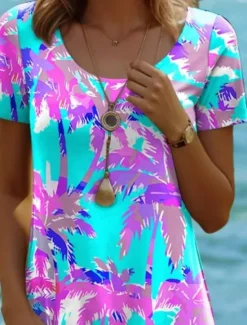 Best Women's Mini Dress Casual Dress Bohemia Vacation Tropical Cap Sleeve Vacation Holiday Beach Regular Fit Ombre Graphic Tropical Short Sleeve Crew Neck White Pink Blue Purple Summer Spring Women T Shirt Dresses