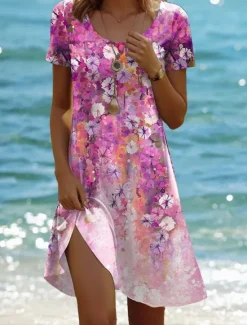 Best Women's Mini Dress Casual Dress Bohemia Vacation Tropical Cap Sleeve Vacation Holiday Beach Regular Fit Ombre Graphic Tropical Short Sleeve Crew Neck White Pink Blue Purple Summer Spring Women T Shirt Dresses