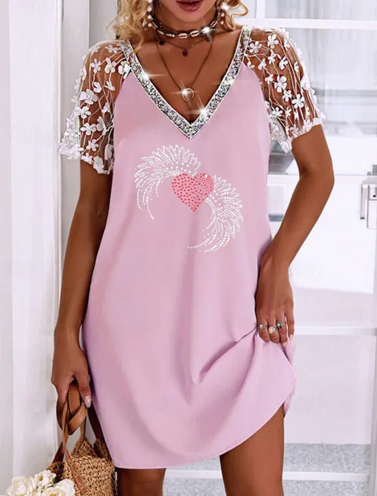 Clearance Women's Mini Dress Casual Dress Shift Dress Personalized Stylish Modern Butterfly Sleeve Daily Holiday Date Loose Fit Heart Short Sleeve V Neck White Pink Summer Fall Women T Shirt Dresses