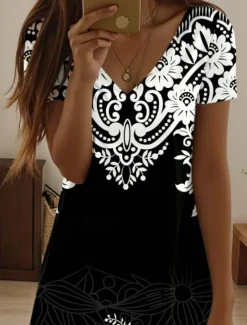Online Women's Mini Dress Casual Dress Elegant Tropical Hawaiian Daily Regular Fit Floral Vintage Boho Paisley Damask Short Sleeve Crew Neck Summer Women T Shirt Dresses