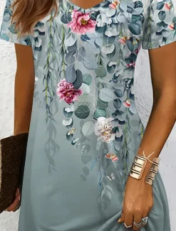 Discount Women's Mini Dress Casual Dress T Shirt Dress Tee Dress Sundress A Line Dress Vacation Casual Boho Beach Regular Fit Ombre Floral Graphic Short Sleeve V Neck Black And White Yellow Red Blue Summer Women Vacation Dresses
