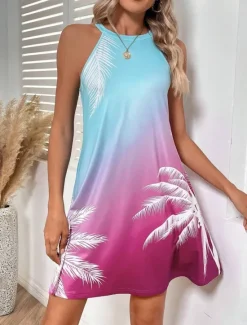 Hot Women's Mini Dress Casual Dress Tank Dress Stylish Casual Vacation Daily Regular Fit Ombre Leaf Short Sleeve Halter Neck Summer Women Sundresses
