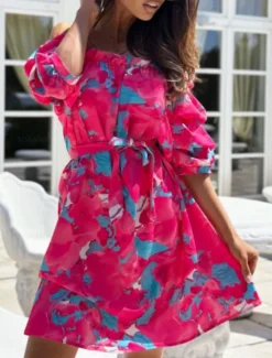 Discount Women's Mini Dress Casual Dress A Line Dress Stylish Casual Vacation Daily Regular Fit Floral Half Sleeve Off Shoulder Red Blue Fuchsia Green Summer Women Spring Dresses