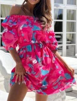 Discount Women's Mini Dress Casual Dress A Line Dress Stylish Casual Vacation Daily Regular Fit Floral Half Sleeve Off Shoulder Red Blue Fuchsia Green Summer Women Spring Dresses