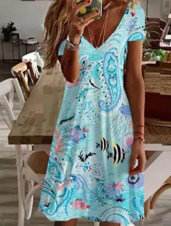 Clearance Women's Mini Dress Casual Dress Elegant Stylish Casual Daily Regular Fit Floral Graphic Short Sleeve Crew Neck Blue Lavender Dark Blue Summer Women T Shirt Dresses
