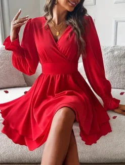 Sale Women's Mini Dress Casual Dress A Line Dress Stylish Casual Vacation Daily Regular Fit Plain Long Sleeve V Neck Black Red Summer Spring Women Cocktail Dress