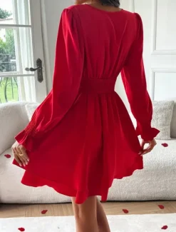 Sale Women's Mini Dress Casual Dress A Line Dress Stylish Casual Vacation Daily Regular Fit Plain Long Sleeve V Neck Black Red Summer Spring Women Cocktail Dress