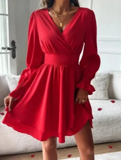 Sale Women's Mini Dress Casual Dress A Line Dress Stylish Casual Vacation Daily Regular Fit Plain Long Sleeve V Neck Black Red Summer Spring Women Cocktail Dress