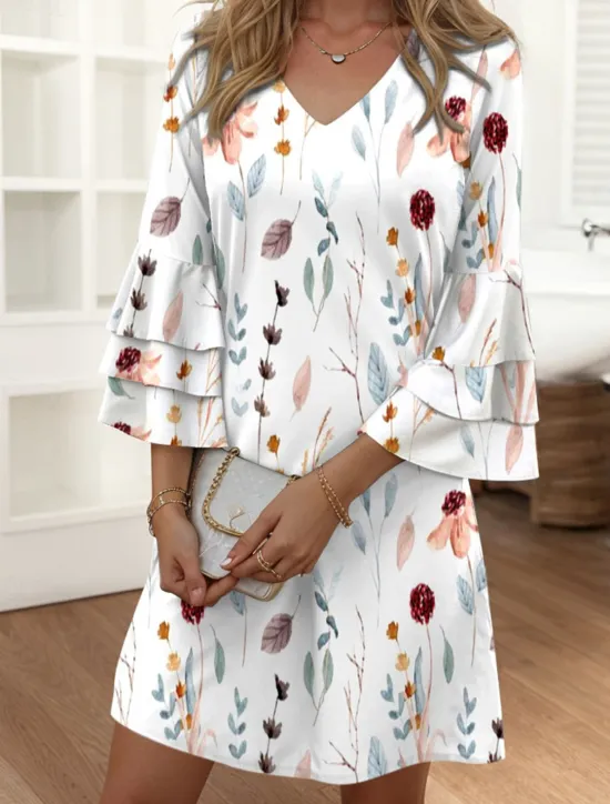 Clearance Women's Mini Dress Casual Dress Semi Formal Dress Petite Dress Sundress Streetwear Ruffle Sleeve Vacation Street Date Regular Fit Floral 3/4 Length Sleeve V Neck Pink Blue Purple Summer Women Spring Dresses|Vacation Dresses
