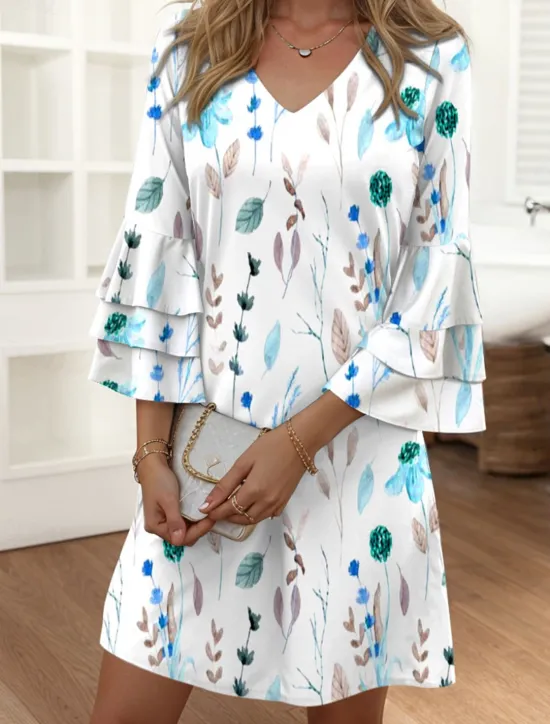 Clearance Women's Mini Dress Casual Dress Semi Formal Dress Petite Dress Sundress Streetwear Ruffle Sleeve Vacation Street Date Regular Fit Floral 3/4 Length Sleeve V Neck Pink Blue Purple Summer Women Spring Dresses|Vacation Dresses