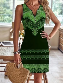 Outlet Women's Mini Dress Casual Dress Tank Dress Bohemia Vintage Ethnic Vacation Daily Regular Fit Floral Sleeveless Notched Neck Black Pink Blue Green Summer Women T Shirt Dresses