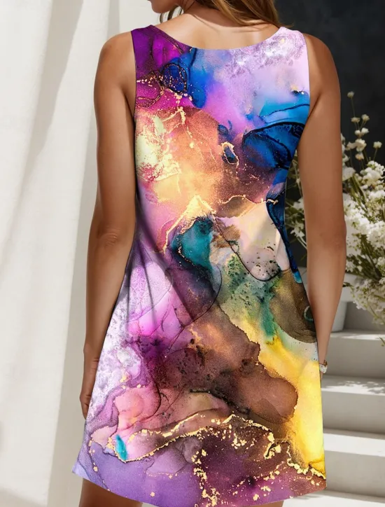Women's Mini Dress Casual Dress Sundress A Line Dress Off The Shoulder Dress Vacation Casual Regular Fit Graphic Abstract Marble Sleeveless U Neck Scoop Neck Yellow Pink Blue Purple Summer Spring Women Sundresses