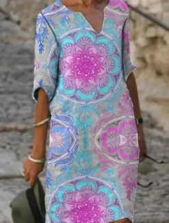 Women's Mini Dress Casual Dress Shift Dress Summer Dress Fashion Modern Daily Beach Weekend Regular Fit Floral 3/4 Length Sleeve V Neck Aqua Blue Navy Blue Blue Green Summer Women Floral Dresses