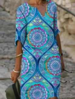 Women's Mini Dress Casual Dress Shift Dress Summer Dress Fashion Modern Daily Beach Weekend Regular Fit Floral 3/4 Length Sleeve V Neck Aqua Blue Navy Blue Blue Green Summer Women Floral Dresses