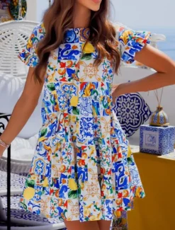 Women's Mini Dress Casual Dress A Line Dress Stylish Casual Vacation Daily Regular Fit Floral Short Sleeve Crew Neck Yellow Blue Fuchsia Summer Women Spring Dresses|Vacation Dresses