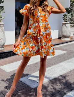 Women's Mini Dress Casual Dress A Line Dress Stylish Casual Vacation Daily Regular Fit Floral Short Sleeve Crew Neck Yellow Blue Fuchsia Summer Women Spring Dresses|Vacation Dresses