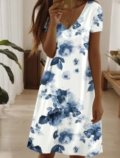 Clearance Women's Mini Dress Casual Dress Elegant Tropical Hawaiian Daily Regular Fit 3D Print Floral Short Sleeve Crew Neck Black White Pink Blue Summer Women T Shirt Dresses