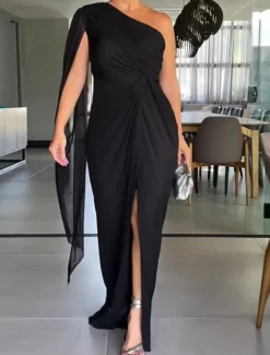 Sale Women's Mini Dress Casual Dress Cocktail Dress Wedding Guest Dress Chiffon Dress Casual Sports & Outdoor Street Regular Fit Plain Long Sleeve One Shoulder Black Red Green Summer Spring Fall Women Cocktail Dress