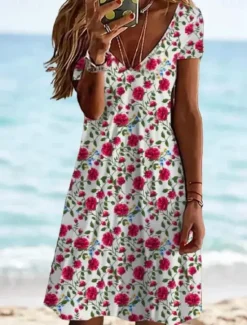 Discount Women's Mini Dress Casual Dress Elegant Tropical Hawaiian Daily Regular Fit Floral Short Sleeve Crew Neck White Pink Light Red Blue Summer Women T Shirt Dresses