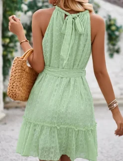 New Women's Mini Dress Casual Dress A Line Dress Stylish Basic Casual Vacation Daily Regular Fit Plain Sleeveless Halter Neck Green Apricot Summer Women Sundresses