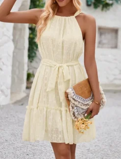 New Women's Mini Dress Casual Dress A Line Dress Stylish Basic Casual Vacation Daily Regular Fit Plain Sleeveless Halter Neck Green Apricot Summer Women Sundresses