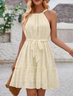 New Women's Mini Dress Casual Dress A Line Dress Stylish Basic Casual Vacation Daily Regular Fit Plain Sleeveless Halter Neck Green Apricot Summer Women Sundresses