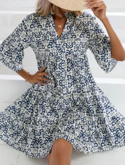 Sale Women's Mini Dress Casual Dress Boho Chic Dresses A Line Dress Boho Dress Bohemia Vintage Vacation Daily Regular Fit Floral 3/4 Length Sleeve Notched Neck Pink Blue Summer Women Floral Dresses