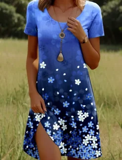 Hot Women's Mini Dress Casual Dress T Shirt Dress Tee Dress Sundress A Line Dress Stylish Casual Holiday Beach Regular Fit Ombre Floral Graphic Short Sleeve Crew Neck Scoop Neck Ice Blue White Pink Dark Women T Shirt Dresses