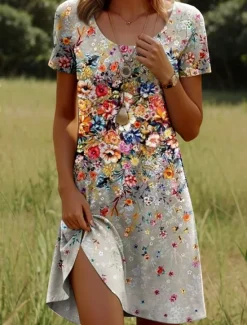 Hot Women's Mini Dress Casual Dress T Shirt Dress Tee Dress Sundress A Line Dress Stylish Casual Holiday Beach Regular Fit Ombre Floral Graphic Short Sleeve Crew Neck Scoop Neck Ice Blue White Pink Dark Women T Shirt Dresses