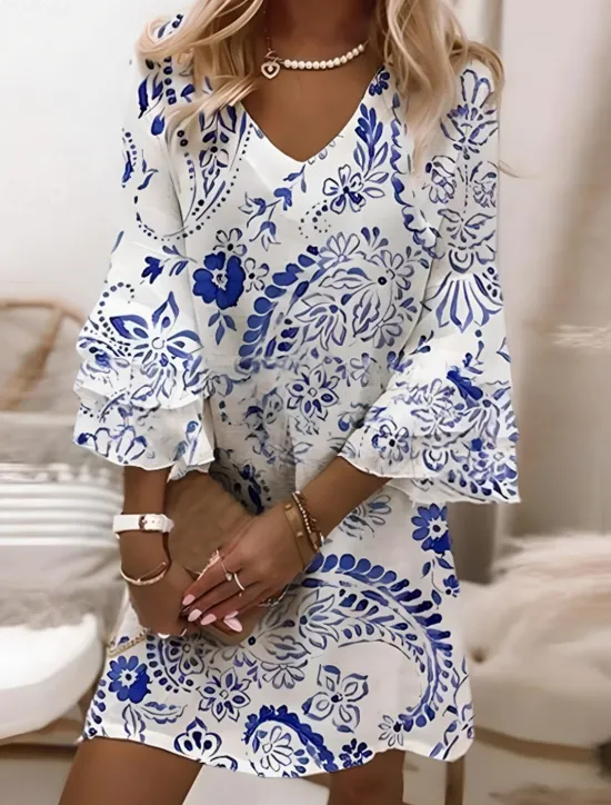 Hot Women's Mini Dress Casual Dress Semi Formal Dress Petite Dress Sundress Streetwear Ruffle Sleeve Vacation Street Date Regular Fit Floral 3/4 Length Sleeve V Neck White Pink Blue Purple Women Spring Dresses|Casual Dress