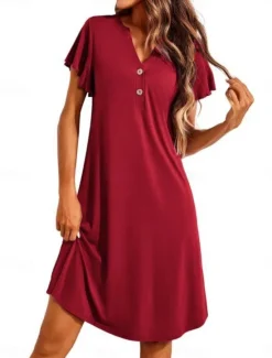 New Women's Mini Dress Casual Dress T Shirt Dress Tee Dress Stylish Basic Casual Vacation Daily Regular Fit Plain Short Sleeve V Neck Black Wine Summer Women T Shirt Dresses