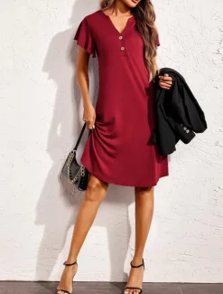 New Women's Mini Dress Casual Dress T Shirt Dress Tee Dress Stylish Basic Casual Vacation Daily Regular Fit Plain Short Sleeve V Neck Black Wine Summer Women T Shirt Dresses