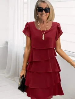 Best Women's Mini Dress Cocktail Dress Wedding Guest Dress Chiffon Dress Tiered Dress Elegant Evening Party Date Going out Regular Fit Pure Color Short Sleeve Crew Neck Black Pink Wine Red Fall Women Cocktail Dress