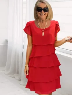 Best Women's Mini Dress Cocktail Dress Wedding Guest Dress Chiffon Dress Tiered Dress Elegant Evening Party Date Going out Regular Fit Pure Color Short Sleeve Crew Neck Black Pink Wine Red Fall Women Cocktail Dress