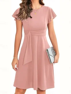 Sale Women's Mini Dress Cocktail Dress Wedding Guest Dress Chiffon Dress Fit And Flare Dress Elegant Party Stylish Regular Fit Plain Short Sleeve Crew Neck Black Pink Wine Summer Women Cocktail Dress