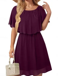 Hot Women's Mini Dress Cocktail Dress Wedding Guest Dress Chiffon Dress Formal Dress Elegant Streetwear Basic Party Wedding Guest Work Regular Fit Short Sleeve Crew Neck Black White Wine Green Summer Women Cocktail Dress